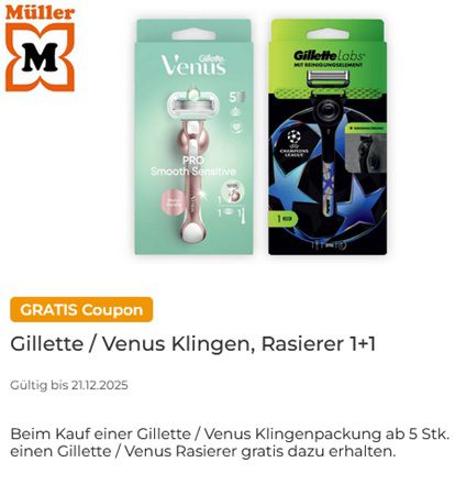 Mit Kauf von Gillette/Venus Klingenpackungen einen Gillette/Venus Rasierer gratis dazu Mit Kauf von Gillette/Venus Klingenpackungen einen Gillette/Venus Rasierer gratis dazu