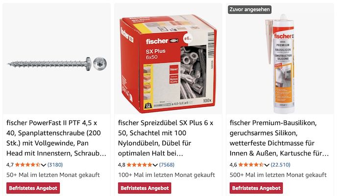 🪛🛠️Amazon: Fischer Dübel & Befestigungstechnik reduziert z.B. Premium Bausilikon für 10€ (statt 13€)