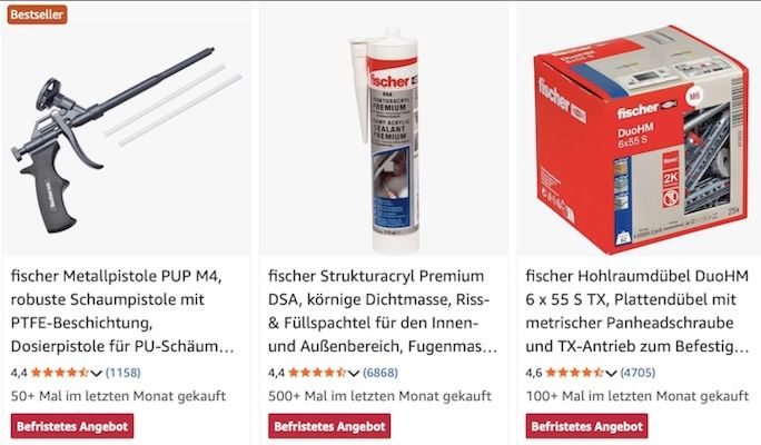 🪛🛠️Amazon: Fischer Dübel & Befestigungstechnik reduziert z.B. Premium Bausilikon für 10€ (statt 13€)