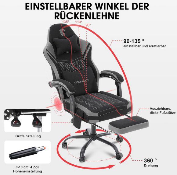 Douxlife Gaming Stuhl mit Taschenfedern & Massagekissen für 108,79€ (statt 150€)