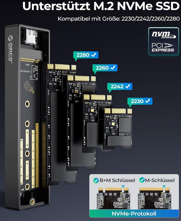 ORICO M.2 NVMe SSD Gehäuse inkl. USB C Kabel für 14,81€ (statt 20€)
