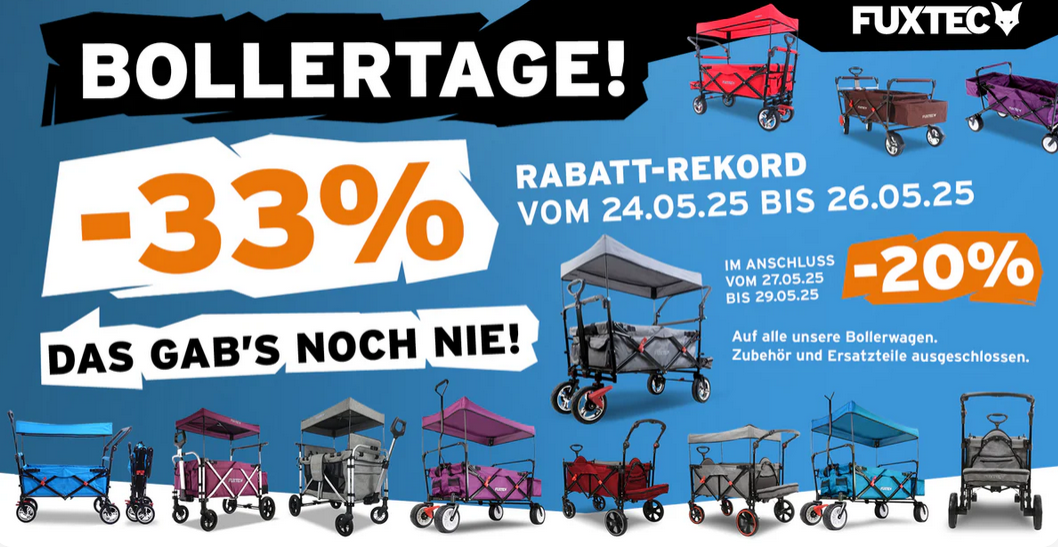 🚜33% Rabatt auf Fuxtec Bollerwagen   z.B. Luxus Bollerwagen CTL 900 für 272,13 (statt 349€)