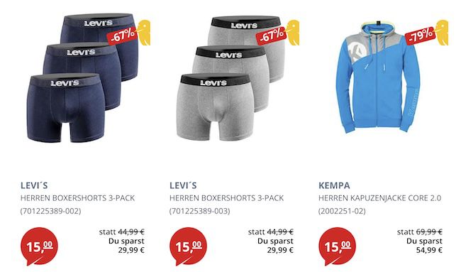 🔥 PickSport 15€ Fixpreis Sale mit teilw. Restgrößen   z.B. 3er Pack Levis Boxershorts (statt 24€)