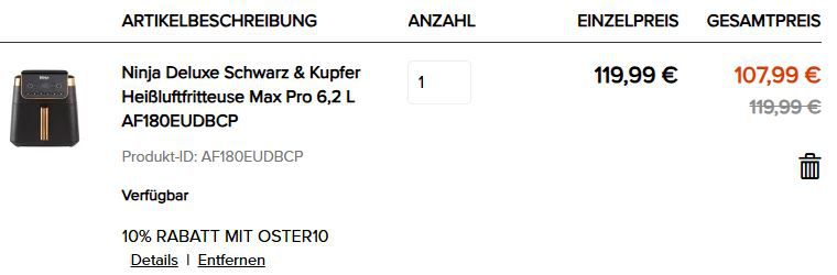 🍟 Ninja Heißluftfritteuse AF180EU mit 6,2 Liter für 107,99€ (statt 140€)