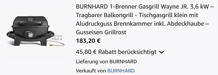 🥩 Burnhard Wayne Gasgrill mit 3,6 kW für 183,20€ (statt 220€)