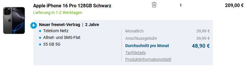 🍏 Apple iPhone 16 Pro 128GB für 209€ +Telekom 5G 35GB für 39,99€ mtl + 150€ Bonus