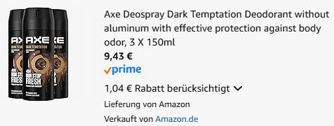 3er Pack Axe Dark Temptation Bodyspray ohne Aluminiumsalze ab 9,34€ (statt 12€)