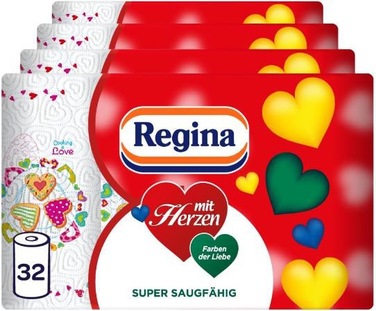 32 Rollen Regina mit Herzen Haushaltstücher, 3 lagig für 20,84€ (statt 28€)