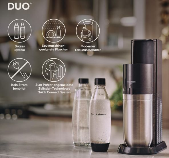 SodaStream DUO Wassersprudler inkl. 2x Glasflasche & 2x FUSE Flasche für 129,99€ (statt 150€)