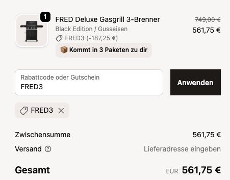 🥩💨 Burnhard FRED Deluxe 3 Brenner Gasgrill 🧨 inkl. Backburner für 562€ (statt 749€)