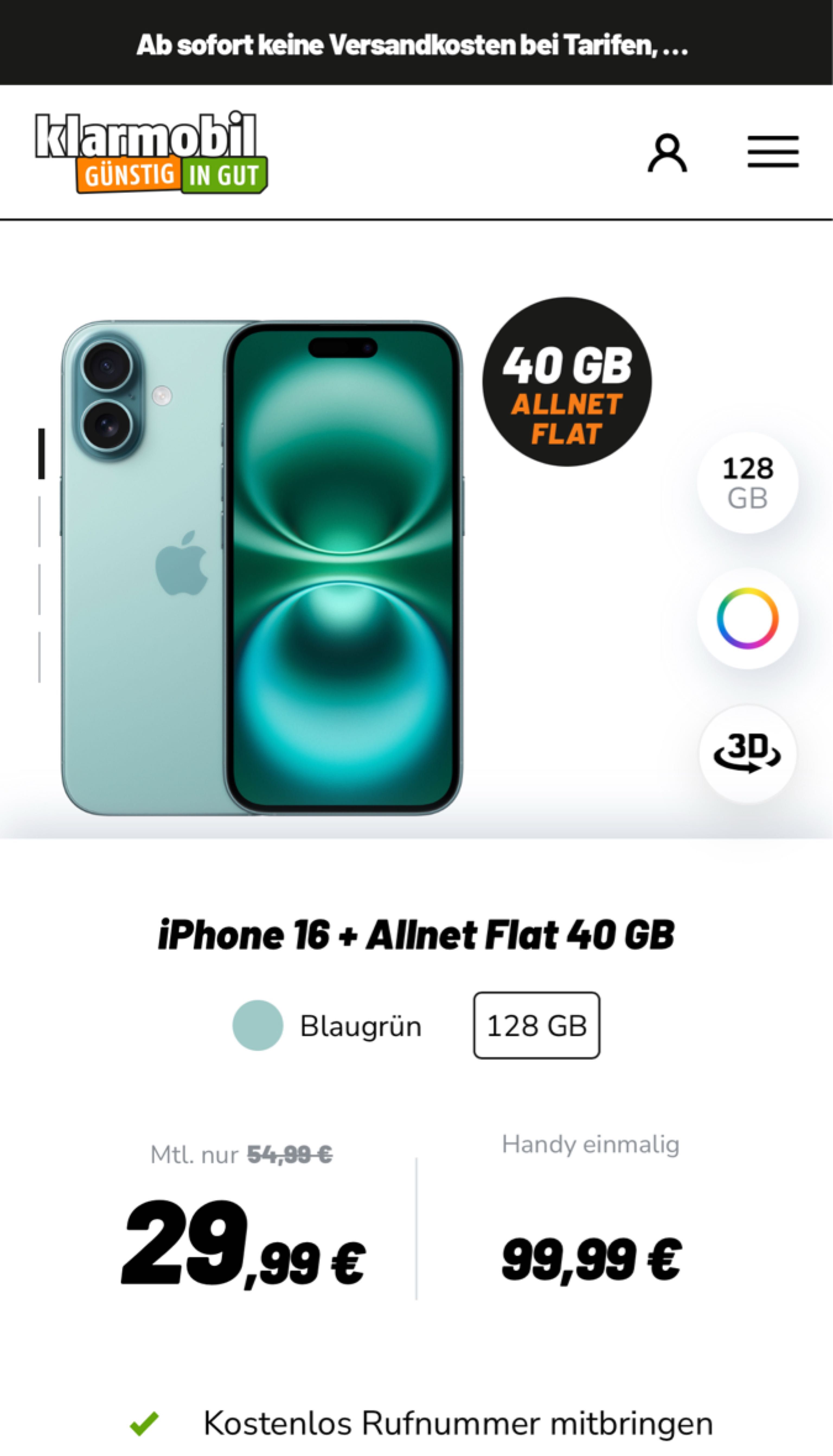 Iphone 16 mit Klarmobil 40GB