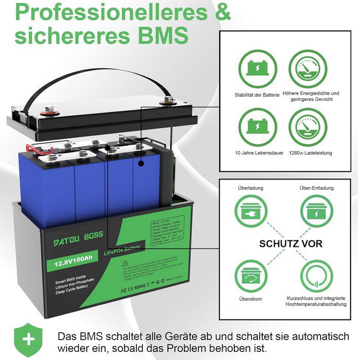 DATOUBOSS 12V 100Ah / 100A LiFePO4 Akku mit BMS für 128,99€ (statt 160€)
