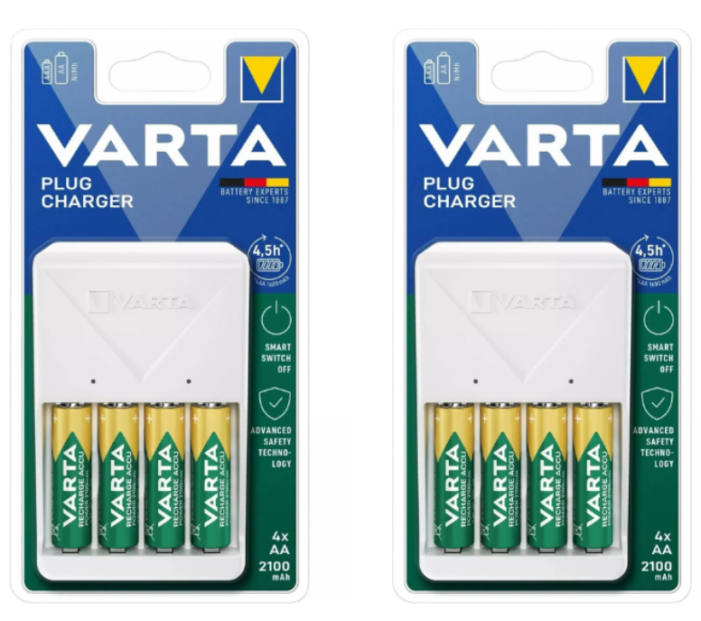 🔋2x Varta Plug Charger Ladegerät + je 4x AA Akkus 2100mAh für 14,99€ (statt 34€)
