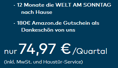 📰 Welt am Sonntag Jahresabo für 299,88€ + Prämie: 180€ Amazon Gutschein