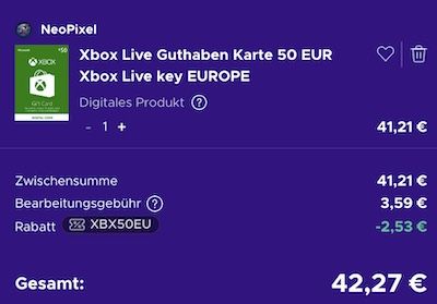 🎮 50€ XBox Live Guthabenkarte für 42,27€
