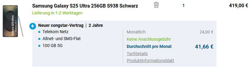 🔥 Samsung Galaxy S25 Ultra für 419€ + Telekom 100GB 5G für 24€ mtl