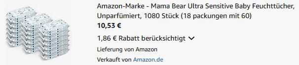 18x 60er Pack Mama Bear Ultra Sensitive Baby Feuchttücher für 10,53€ (statt 18€)
