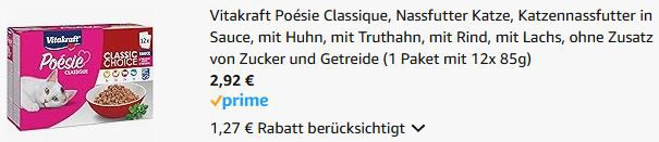 😻 Vitakraft Poésie Classique, Nassfutter Katze 12 x 85g ab 2,92€ (statt 4€)