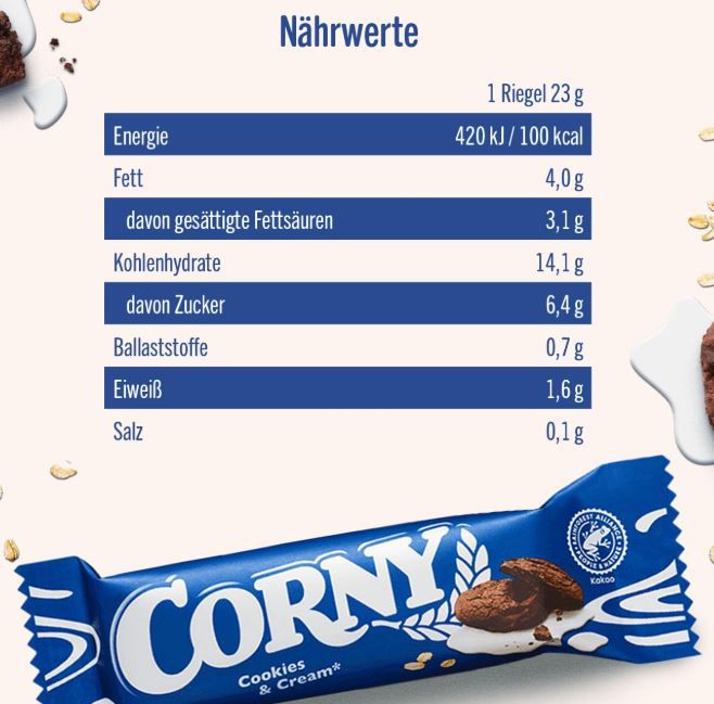 🍫 Corny Classic Cookies & Cream   60 Riegel á 23g ab 13,54€ (statt 18€)
