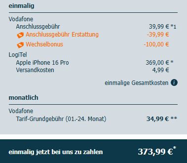 🍏📱 Apple iPhone 16 Pro für 369€ + Vodafone Allnet 35GB 5G für 34,99€ mtl. + 100€ Bonus