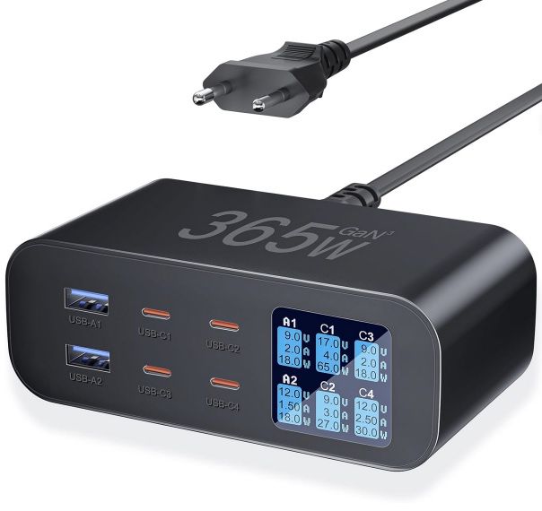 YSYFAD 365W USB C Ladegerät mit 6 Ports GAN PD QC für 27,99€ (statt 50€)