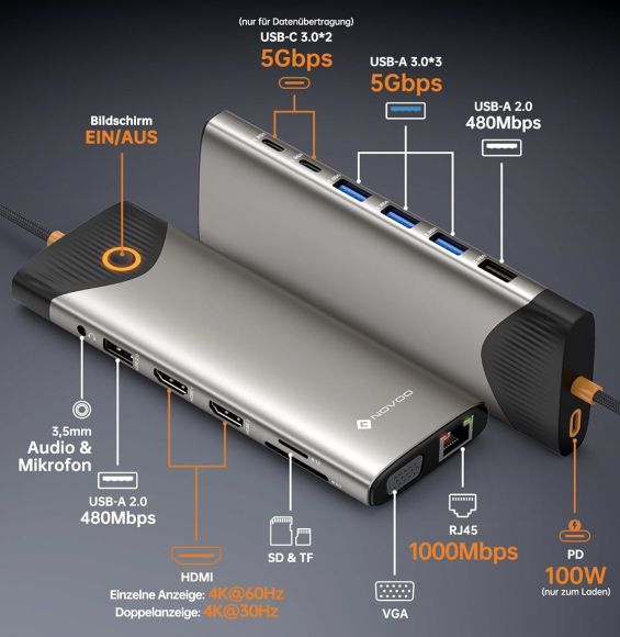 NOVOO 15in 1 USB C Docking Station mit Tripple Screen für 46,19€ (statt 66€)