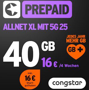 🤯 Congstar Prepaid mit 5G 40GB für 16€ + 16€ Startguthaben + 💰 10€ Bonus
