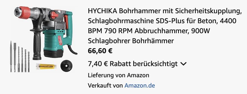 ⚒️ HYCHIKA Bohrhammer mit Sicherheitskupplung für 66,60€ (statt 74€)