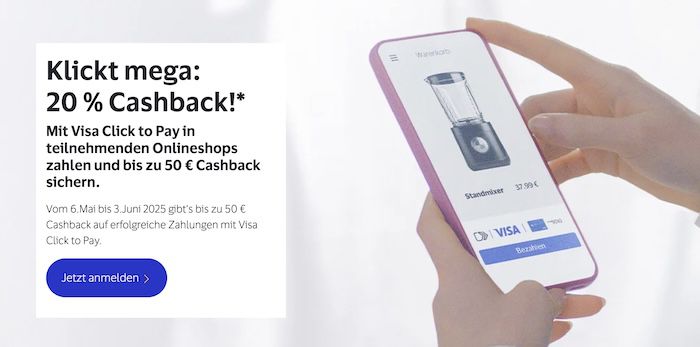 Visa Click to Pay: 20% Cashback in ausgew. Shops (max. 50€)