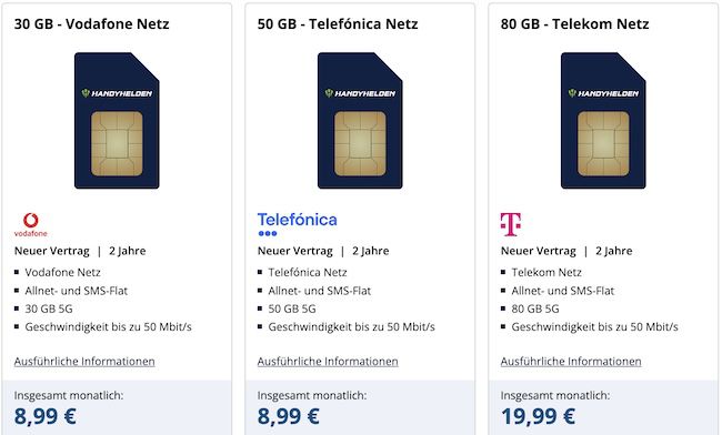 Handyhelden: günstige Handytarife in allen Netzen   z.B. o2 Allnet 50GB nur 8,99€