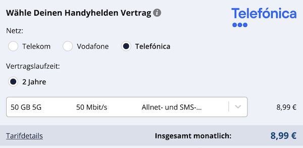 Handyhelden: günstige Handytarife in allen Netzen   z.B. o2 Allnet 50GB nur 8,99€