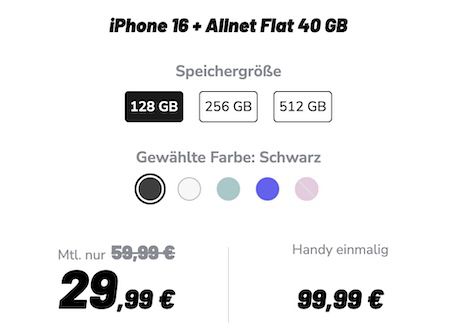 🍏 Apple iPhone 16 für 99,99€ + Vodafone Allnet 40GB 5G für 29,99€ mtl.