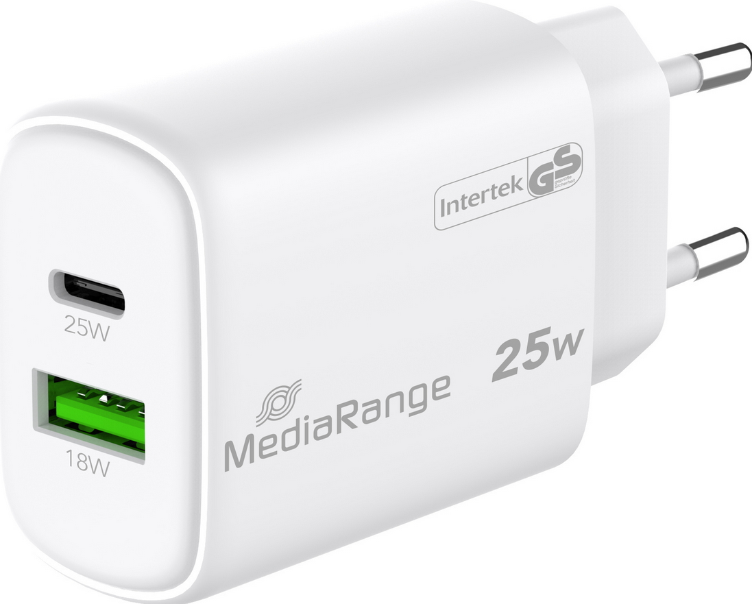 Mediarange Ladegerät 25 Watt GaN 1x USB A + 1x USB C 2 Geräte für 8€ (statt 11€)