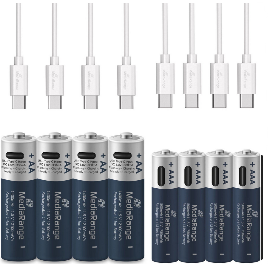Mediarange 8er Pack (4x AA und 4x AAA) Akku mit USB-C für 18,99€ (statt 24€)