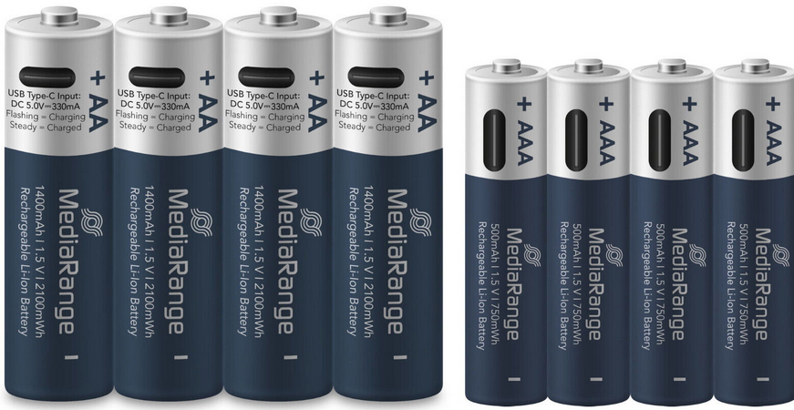 Mediarange 8er Pack (4x AA und 4x AAA) Akku mit USB C für 18,99€ (statt 24€)