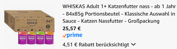 😺 Whiskas 1+ Katzennassfutter Klassische Auswahl 84 x 85g für 25,64€ (statt 39€)