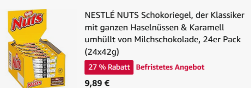 🌰 24er Pack NUTS Haselnuss Schokoriegel mit Karamellfüllung für 9,89€ (statt 18€)
