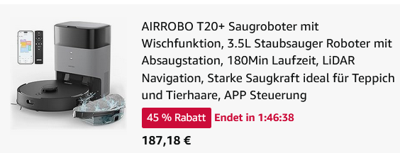 🧹 Airrobo T20+ Saugroboter mit Wischfunktion + Station für 187,18€ (statt 391€) 💥