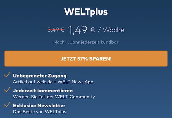 📰 WELTplus inkl. WELT News App für 1,49€/Woche (statt 3,49€) 📰 WELTplus inkl. WELT News App für 1,49€/Woche (statt 3,49€)