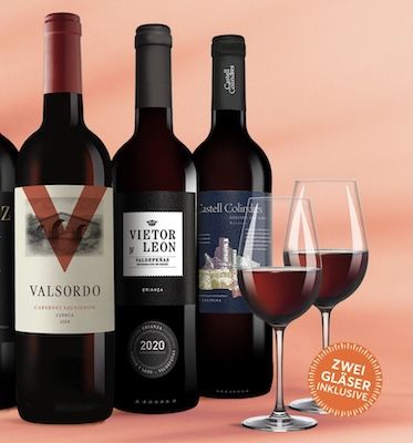 🍷 Vinos Tinto Paket: 6 Flaschen Rotwein + 2 Gläser für nur 25,99€ (statt 53€)