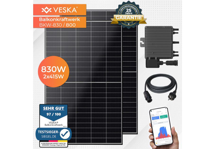 VESKA Balkonkraftwerk 830 W / 800 W Photovoltaik für 315,94€ (statt 499€)