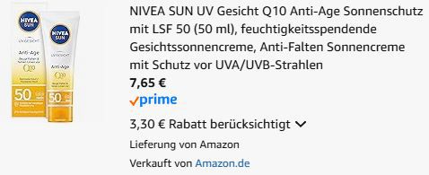 🌞 NIVEA Sun UV Gesicht Q10 Anti Age Sonnenschutz mit LSF 50 ab 7,65€ (statt 11€)