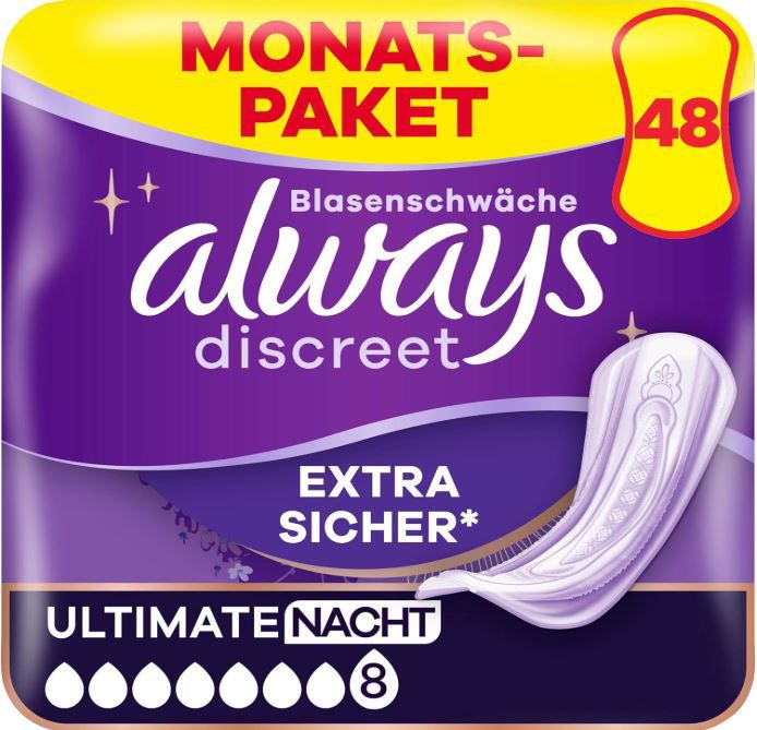 3 x 48 Always Discreet Inkontinenz Einlagen Ultimate Nacht für 40€ (statt 60€)