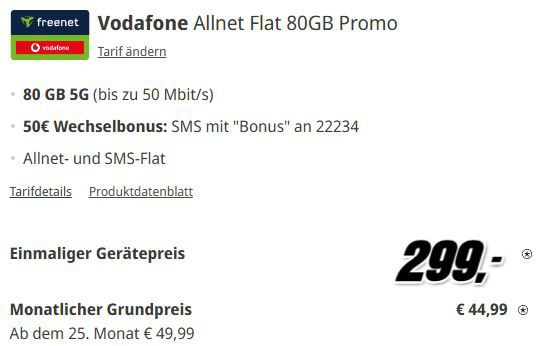 🍏 Apple iPhone 16 Pro Max für 299€ + Vodafone Allnet 80GB 5G für 44,99€ mtl. + 50€ Bonus