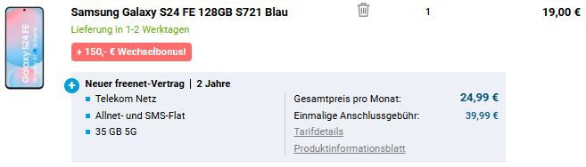 Samsung Galaxy S24 FE 128GB für 19€ + 35GB Telekom Allnet für 24,99€ mtl + 150€ Bonus