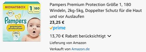 👶 180er Pack Größe 1 Pampers Baby Windeln   2 bis 5 kg ab 23,25€ (statt 41€)