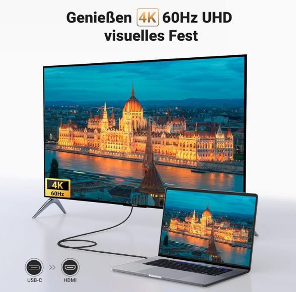🖥️ UGREEN USB C auf HDMI Kabel mit 4K 60Hz, 2m für 15,29€ (statt 18€)