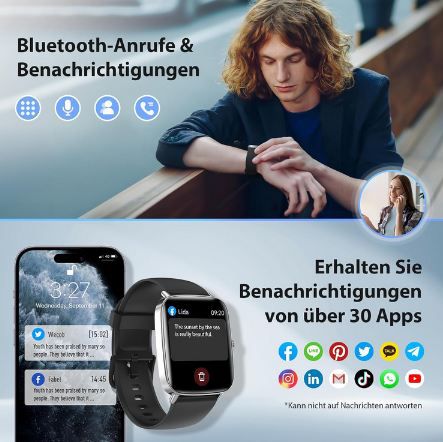 ⌚ Yoever 1,85 Smartwatch mit Telefonfunktion + Gesundheit  Sportmodi für 19,79€ (statt 40€)