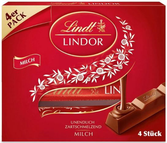 🍫 4er Pack Lindt Lindor Vollmilch Sticks, 100g für 2,65€ (statt 4€)