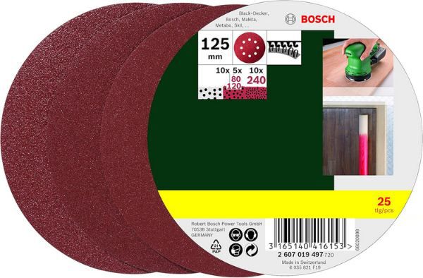 25er Pack Bosch Schleifblatt Set, Ø 125mm, P80/120/240 für 8,99€ (statt 13€)